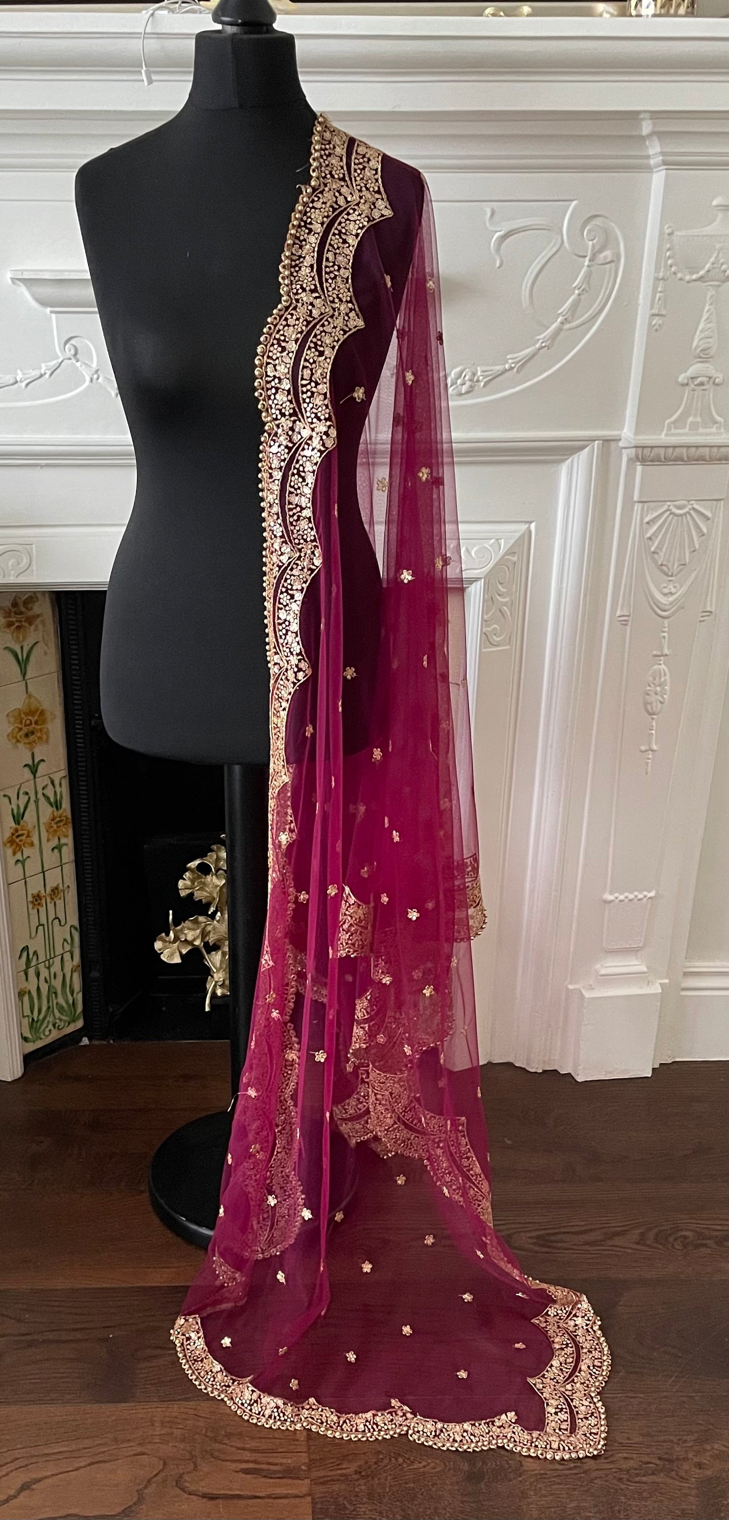 Wine/Cranberry Colour Net Duppattas scallop Sequin border Scarf Chunni Chunri Veil update any Salwar Kameez Lehengas Kurtis