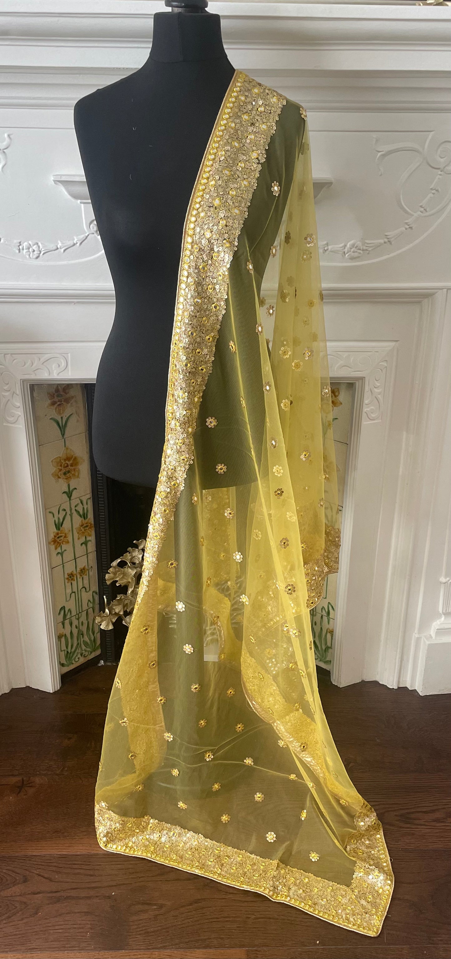 Net Duppattas Broad Sequin cluster faux mirror work border Scarf Chunni Chunri Odhni Weddings Karwachauth Diwali Dressing