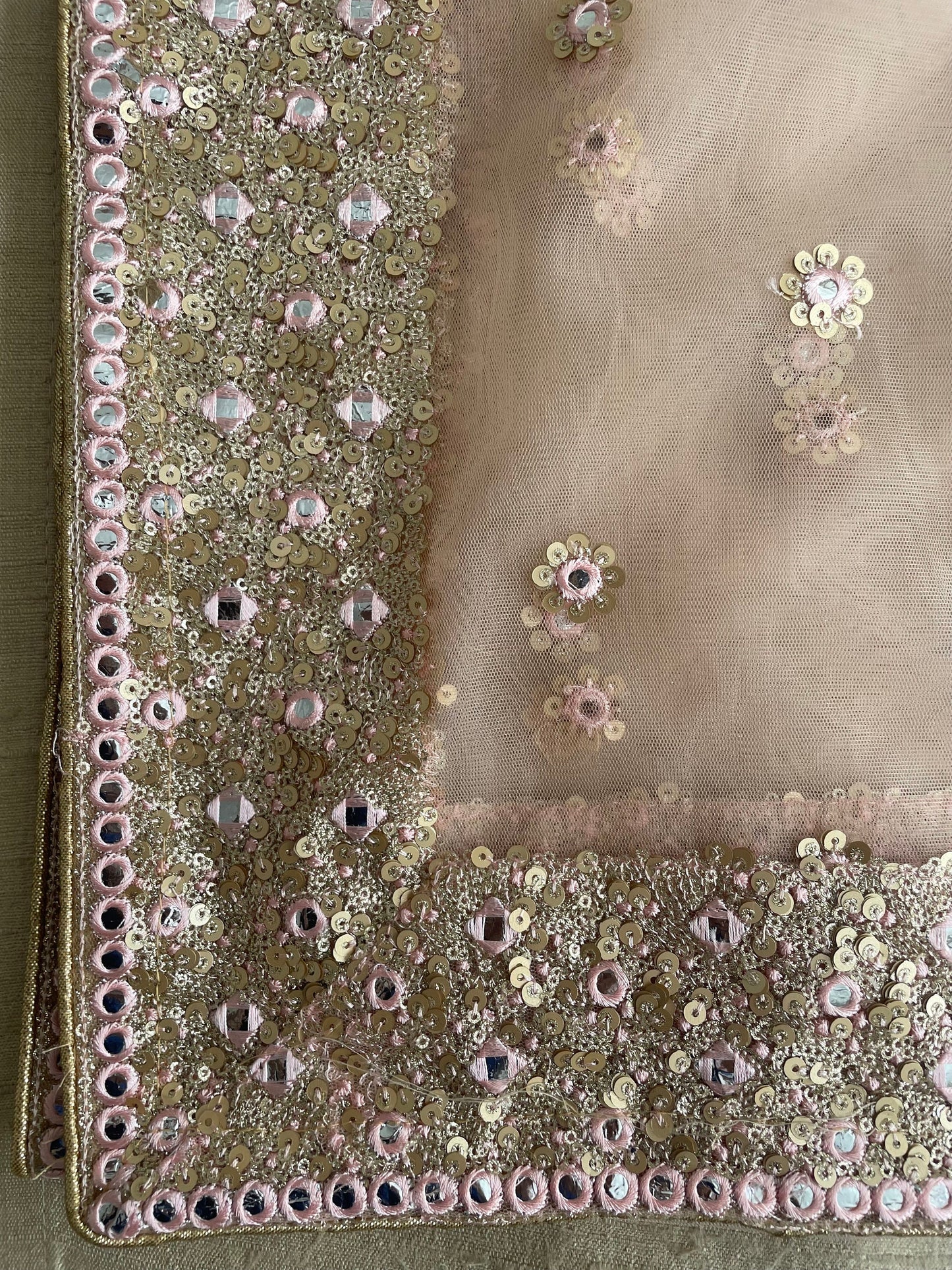 Pink-Peachy Net Duppattas Broad Sequin cluster faux mirror work border Scarf Chunni Chunri Odhni Weddings Karwachauth Diwali Dressing