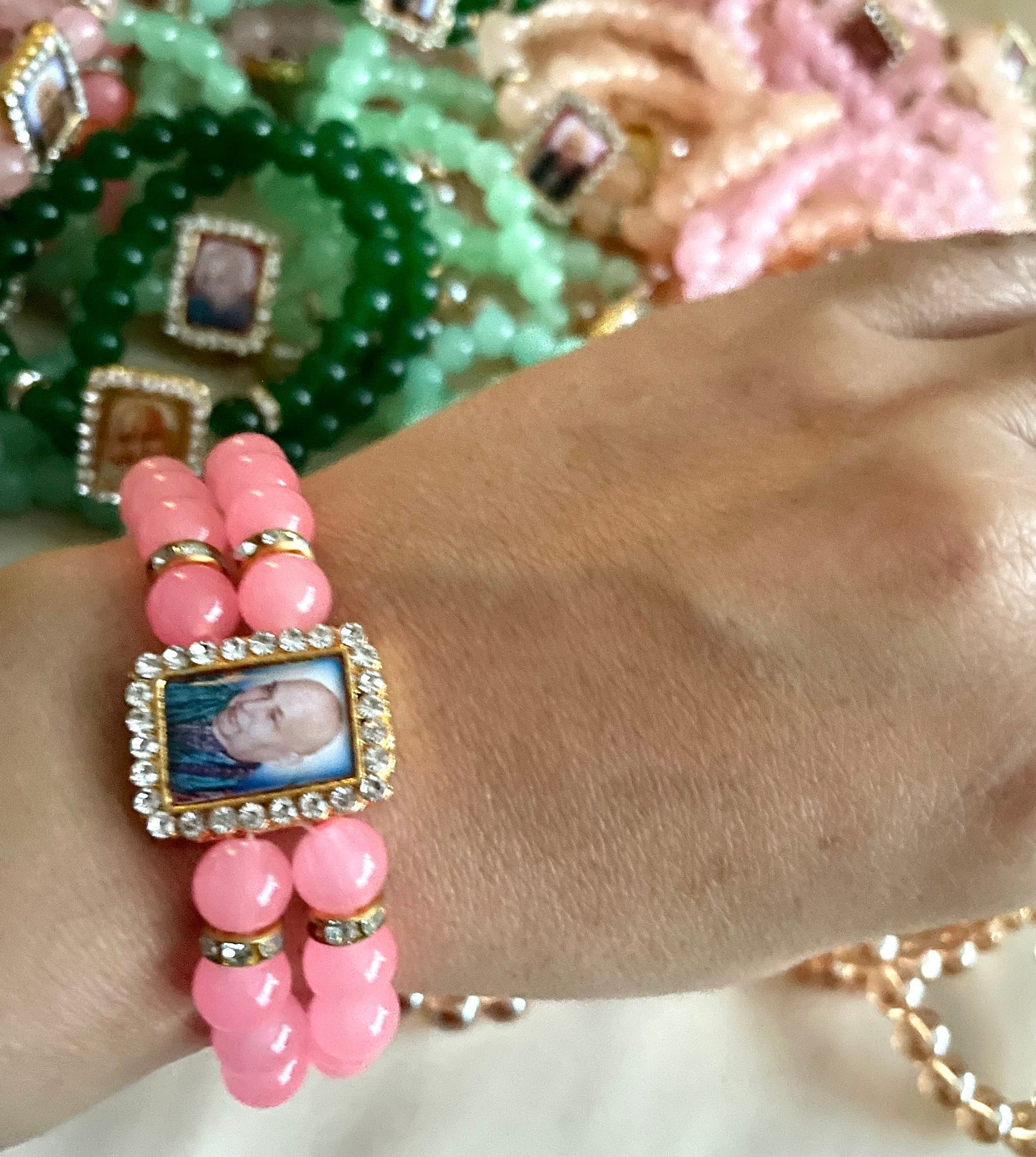 Guruji Return Gifts Favours Bracelets pastel beads with Guru ji Photo motif