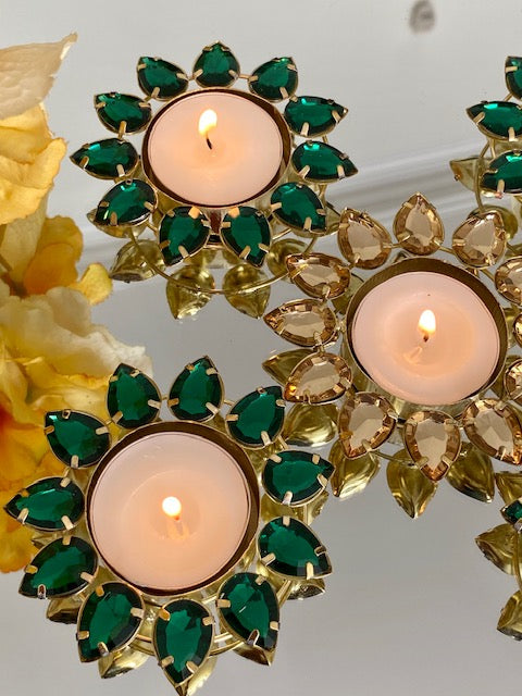 4 X Diwali Christmas Tea light Candle Holders Metal Silver Golden Red Crystal Stones Diyas Diva Gifting Home Decor House-Warming Decorating Mehendi