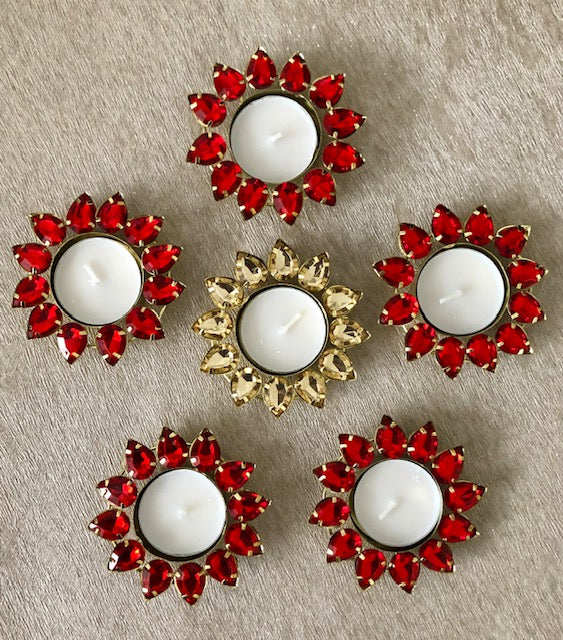 4 X Diwali Christmas Tea light Candle Holders Metal Silver Golden Red Crystal Stones Diyas Diva Gifting Home Decor House-Warming Decorating Mehendi