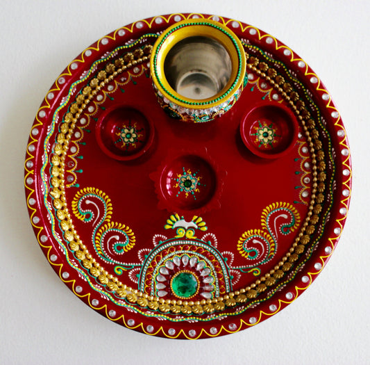 Beautiful Handpainted Thaal/Thali with Kalash Diya Roli Tikka Bowls Karwa chauth Karva Chauth Teej Diwali Arti Thal Pooja Prayer Room House-