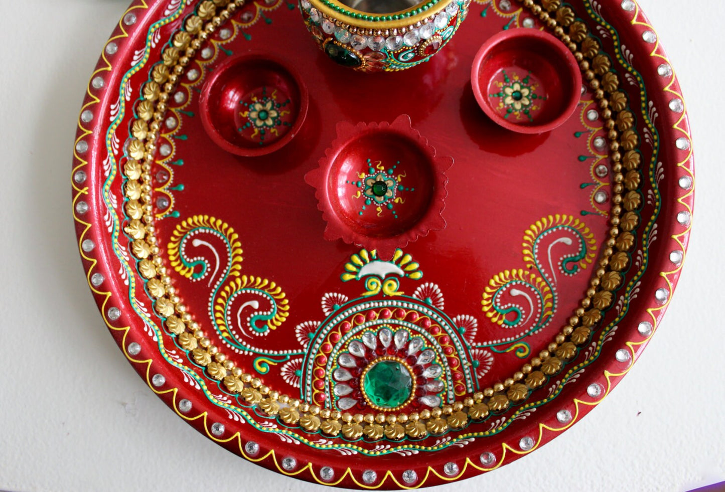Beautiful Handpainted Thaal/Thali with Kalash Diya Roli Tikka Bowls Karwa chauth Karva Chauth Teej Diwali Arti Thal Pooja Prayer Room House-