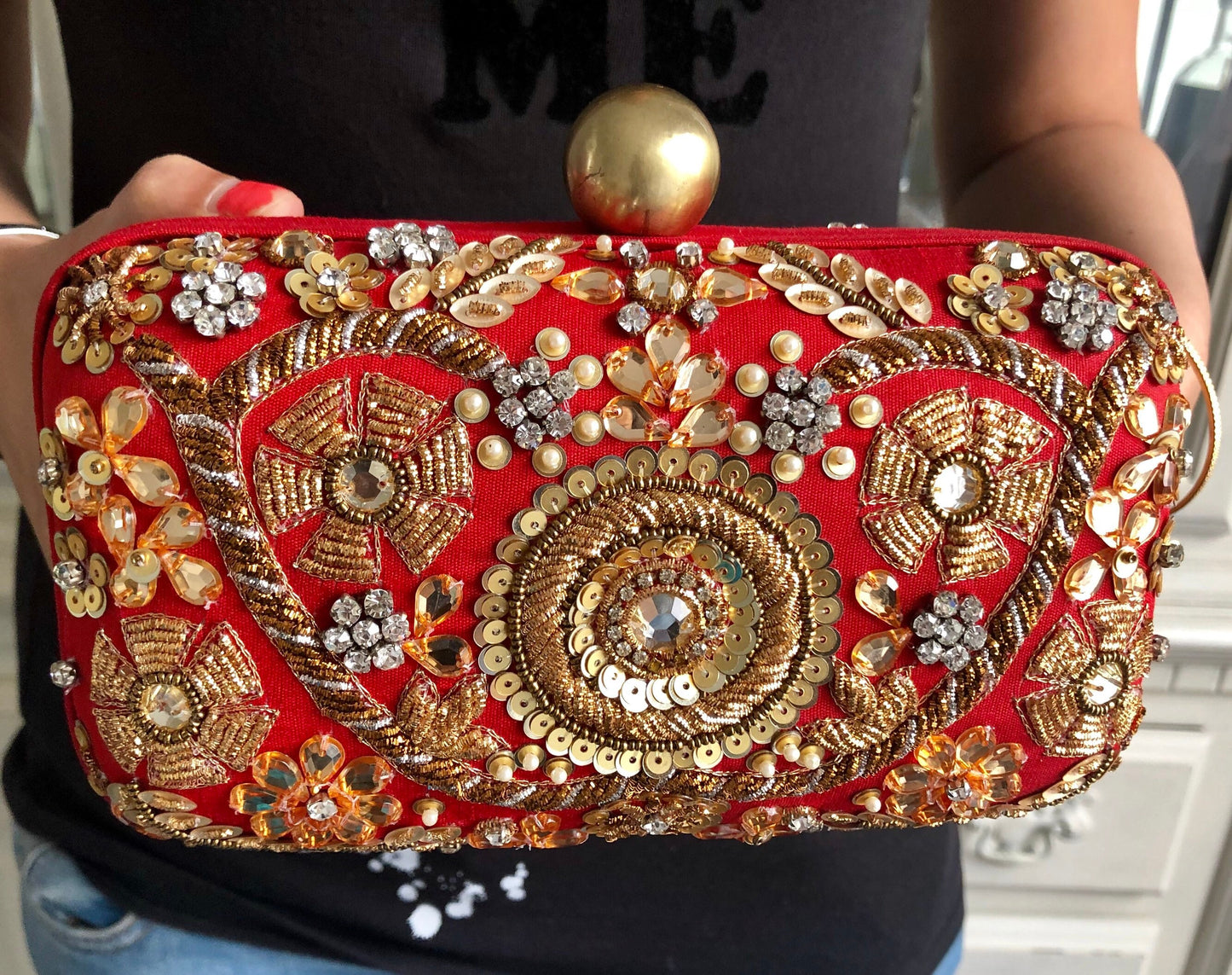 Bridal Designer Zardozi Dabka Embroidered Evening Bag Box Clutch with long chain