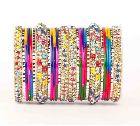 Multi Indian Bangle Stack Jewellery Bangles Set with Jewelled Kangans Diamante | Metal Bangles | Bollywood Bangles | 26 Bangles