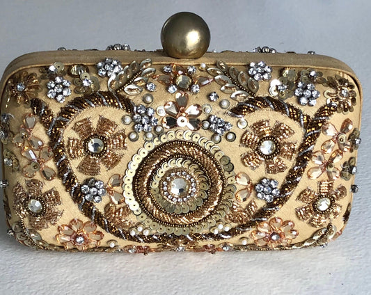 Bridal Designer Zardozi Dabka Embroidered Evening Bag Box Clutch with long chain