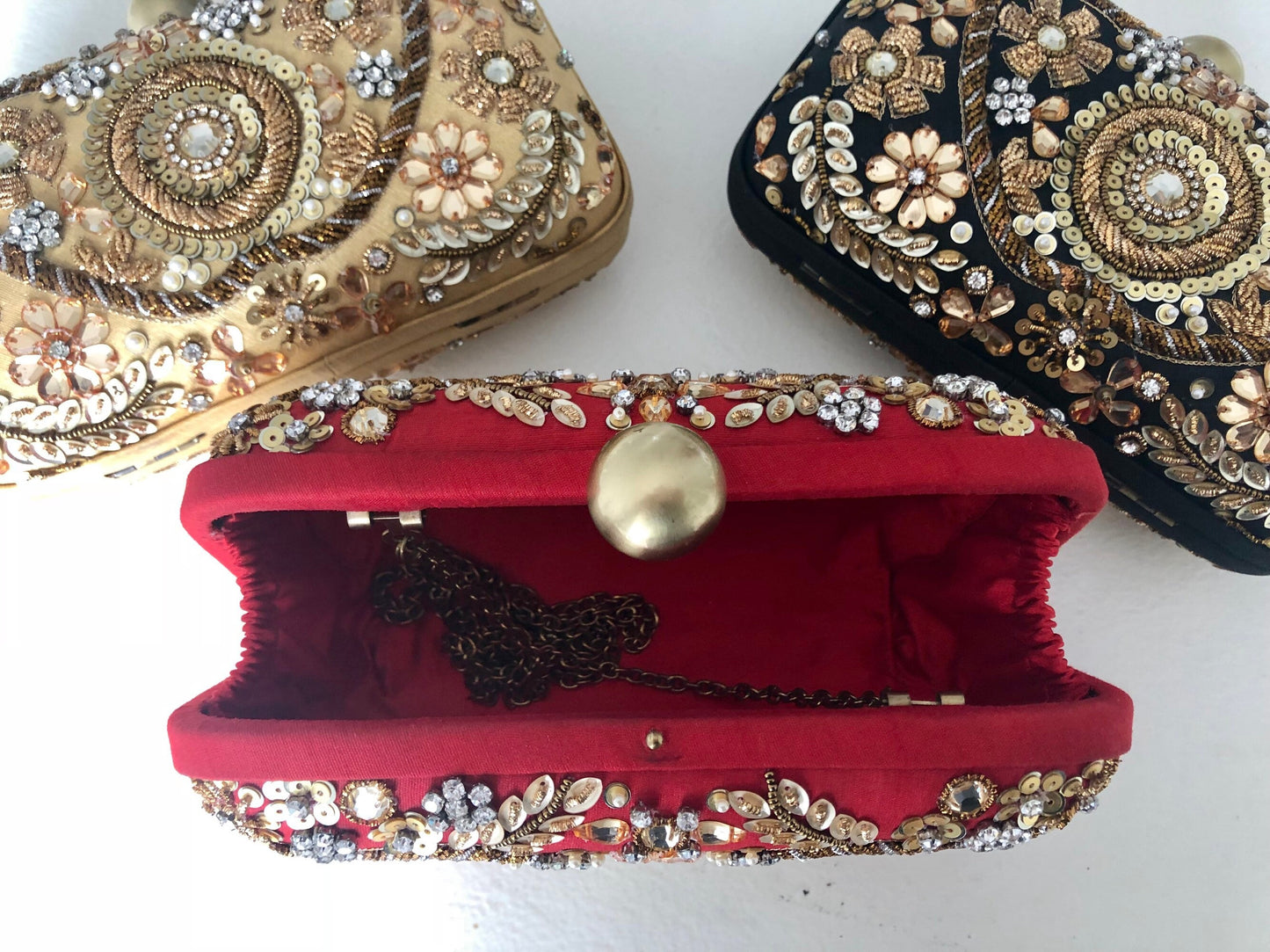Bridal Designer Zardozi Dabka Embroidered Evening Bag Box Clutch with long chain