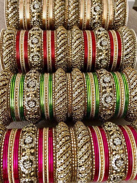 Indian Bangles Jewellery Diamanté Full Bridal Long Set Rajwada Style Karwachauth Navratri Wedding Eid Bollywood Set for two Hands 46 Bangles