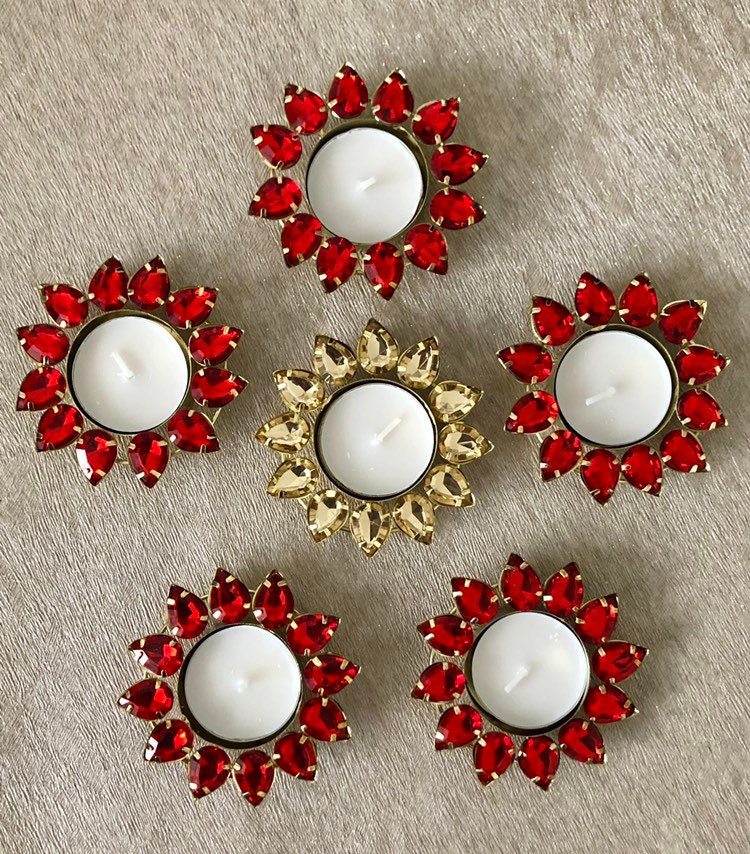Diwali, Deepawali Tea-light Candles Holder, Metal Crystals Diyas, Diva, Deeya,for Gifting Home Decor, House-Warming, Dholki