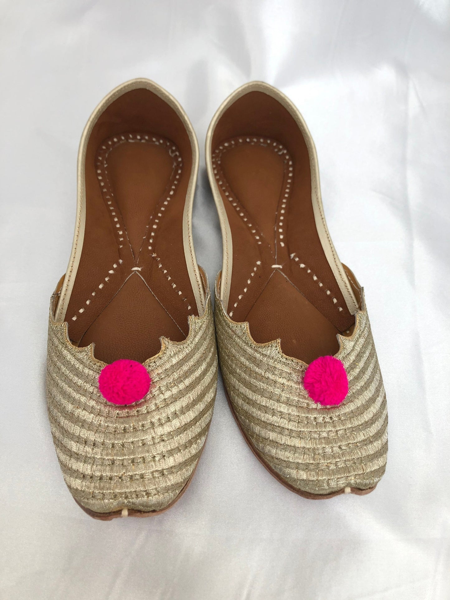Punjabi Jutti / Jooti with Hot Pink Pom Pom and All over embroidered Bride’s Woman Shoes US Size 5,6 UK 3,4