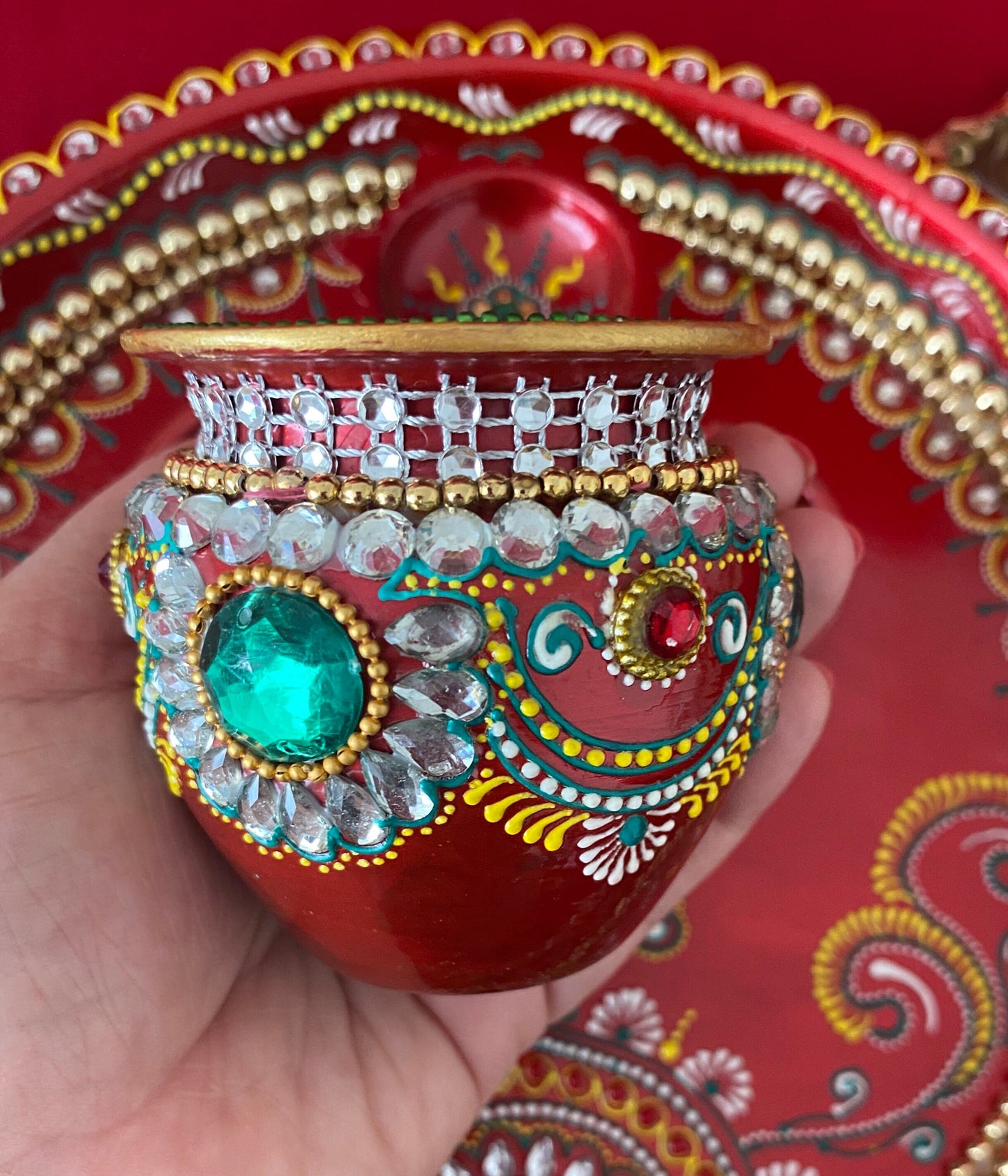 Beautiful Handpainted Thaal/Thali with Kalash Diya Roli Tikka Bowls Karwa chauth Karva Chauth Teej Diwali Arti Thal Pooja Prayer Room House-