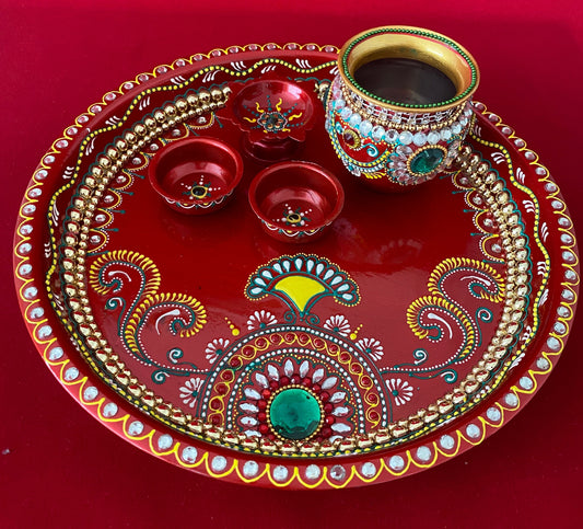 Beautiful Handpainted Thaal/Thali with Kalash Diya Roli Tikka Bowls Karwa chauth Karva Chauth Teej Diwali Arti Thal Pooja Prayer Room House-