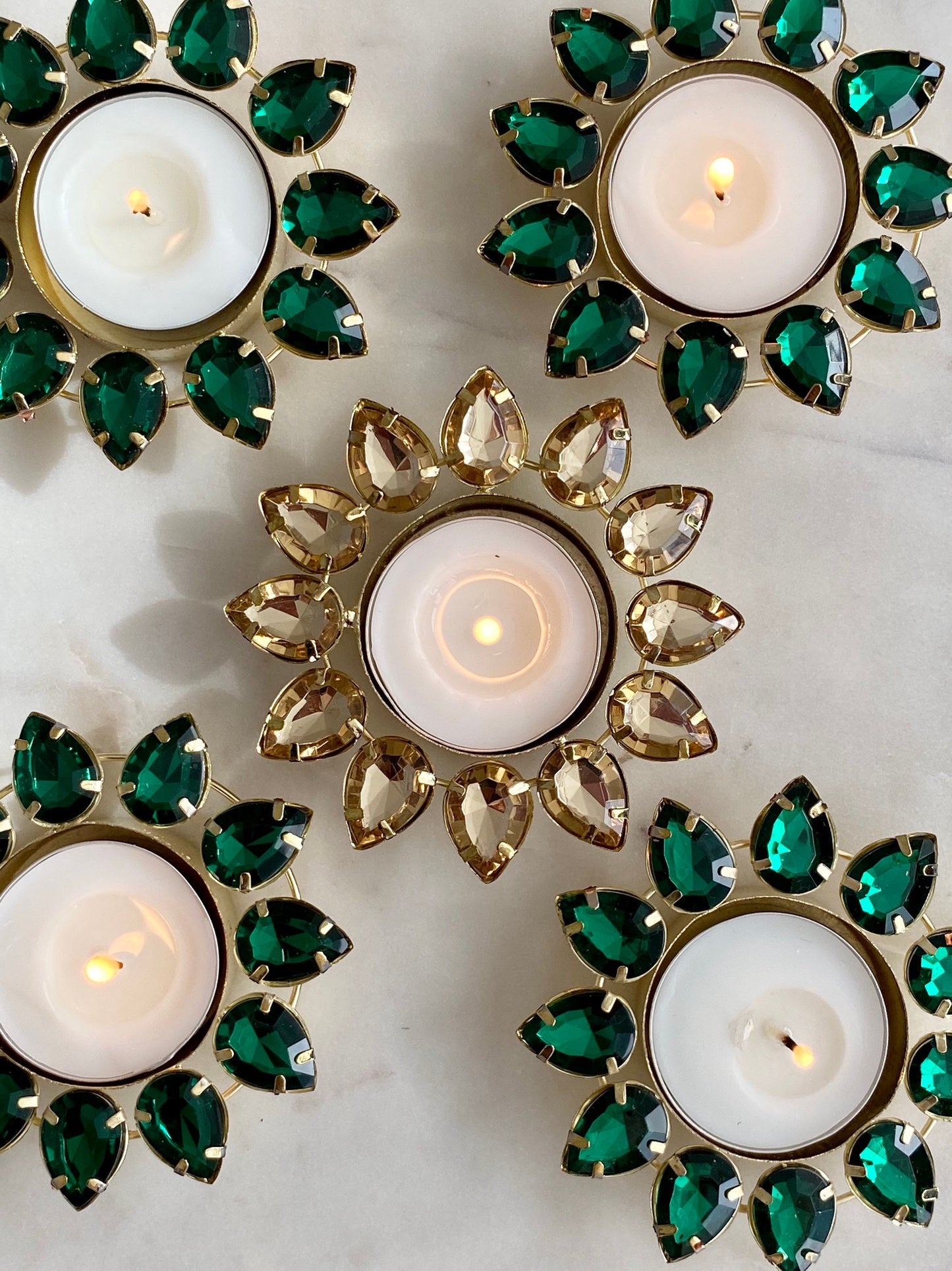 12 x Diwali, Deepawali Tea-light Candles Holder, Metal Crystals Diyas, Diva, Deeya,for Gifting Home Decor, House-Warming, Dholki