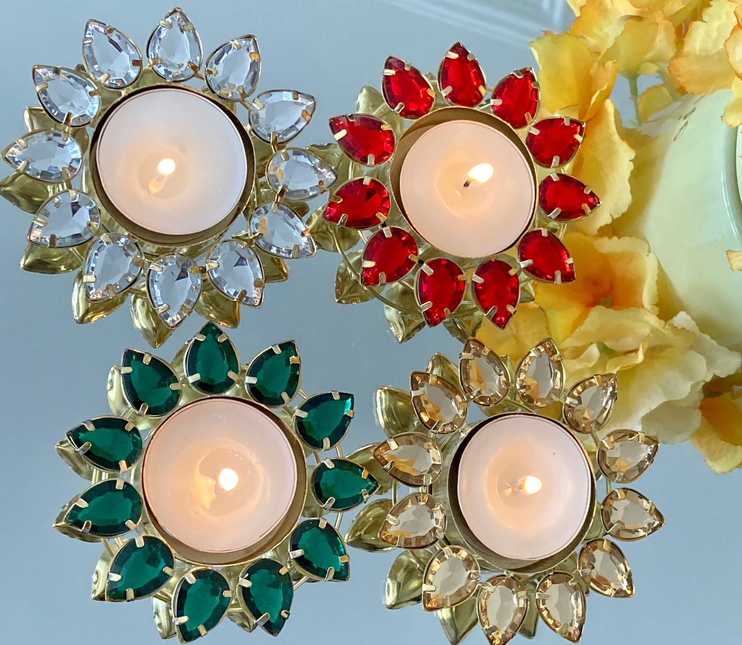 Diwali, Deepawali Tea-light Candles Holder, Metal Crystals Diyas, Diva, Deeya,for Gifting Home Decor, House-Warming, Dholki