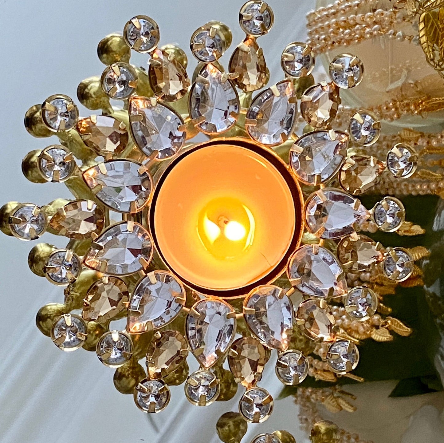 Tea light Candle Holders Metal White and Golden Stones Diyas l Diwali Decor l Navratri l Karwachauth Thaal Decor