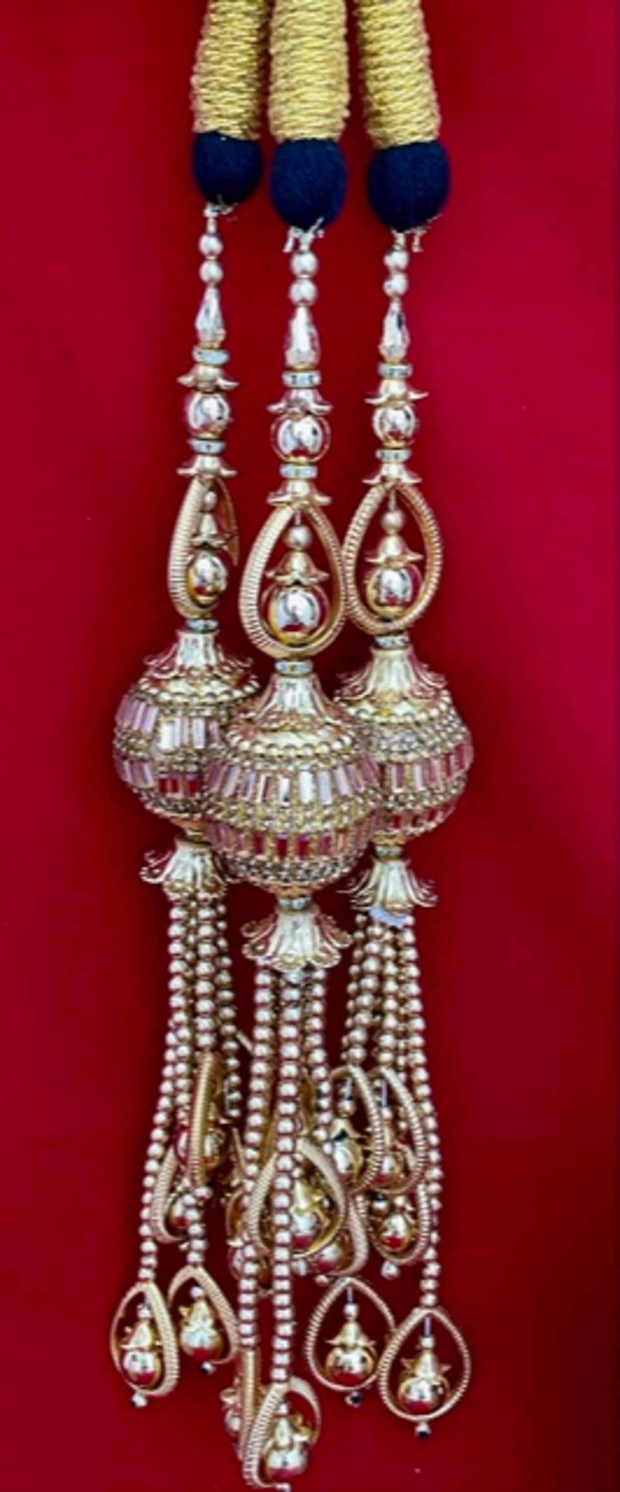 Gold Paranda Long Length with Bronze Hanging Latkans Parandi Parandey Punjabi Themed Weddings Phulkari Patiala Sangeet Mehendi Maiyoon Jago