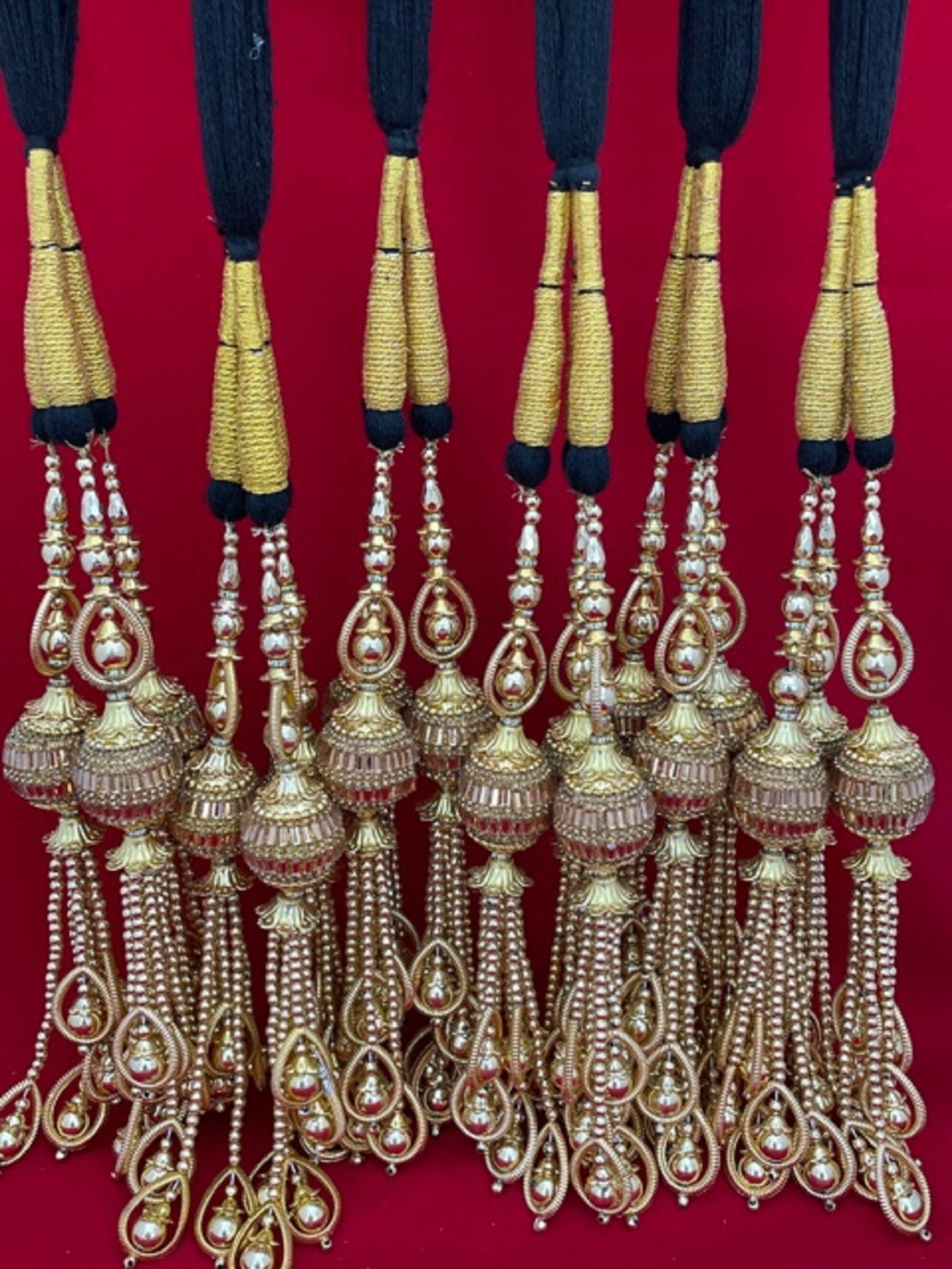 Gold Paranda Long Length with Bronze Hanging Latkans Parandi Parandey Punjabi Themed Weddings Phulkari Patiala Sangeet Mehendi Maiyoon Jago