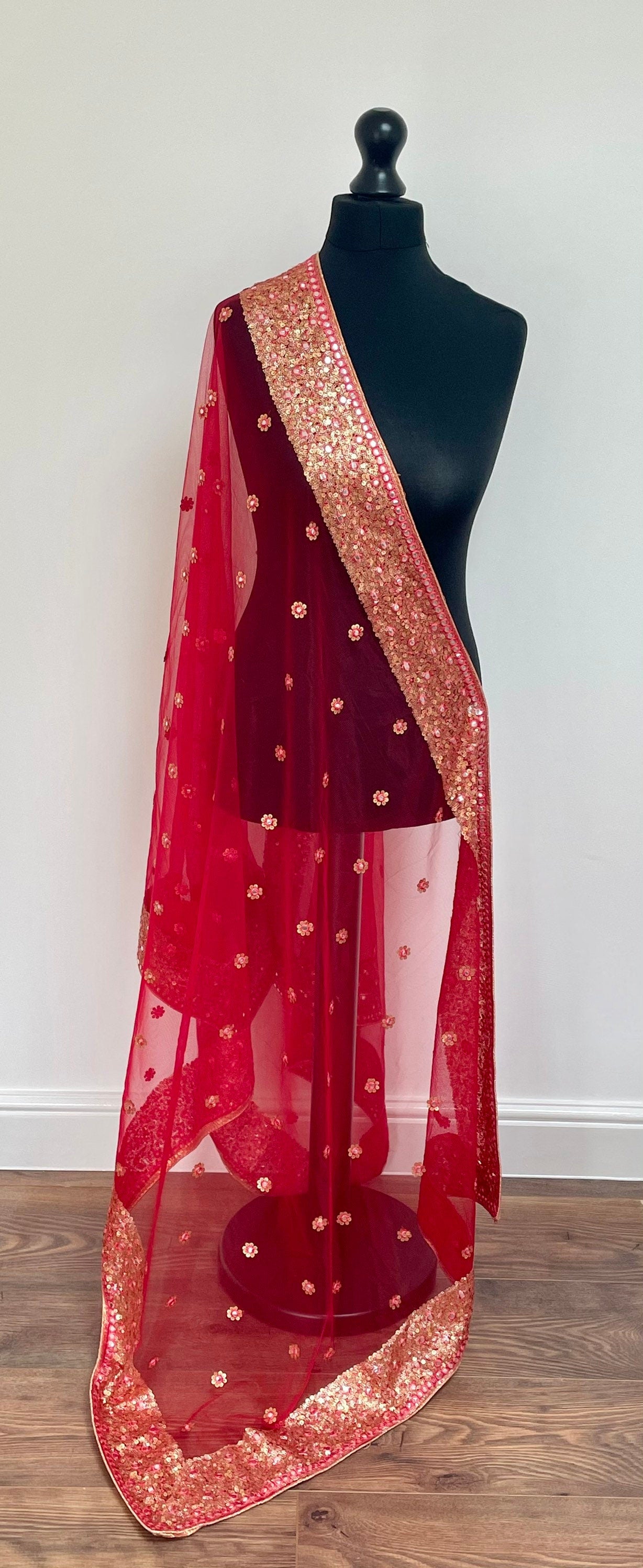 Red & Maroon Net Duppattas Broad Sequin cluster faux mirror work border Scarf Chunni Chunri Odhni Weddings Karwachauth Diwali Dressing