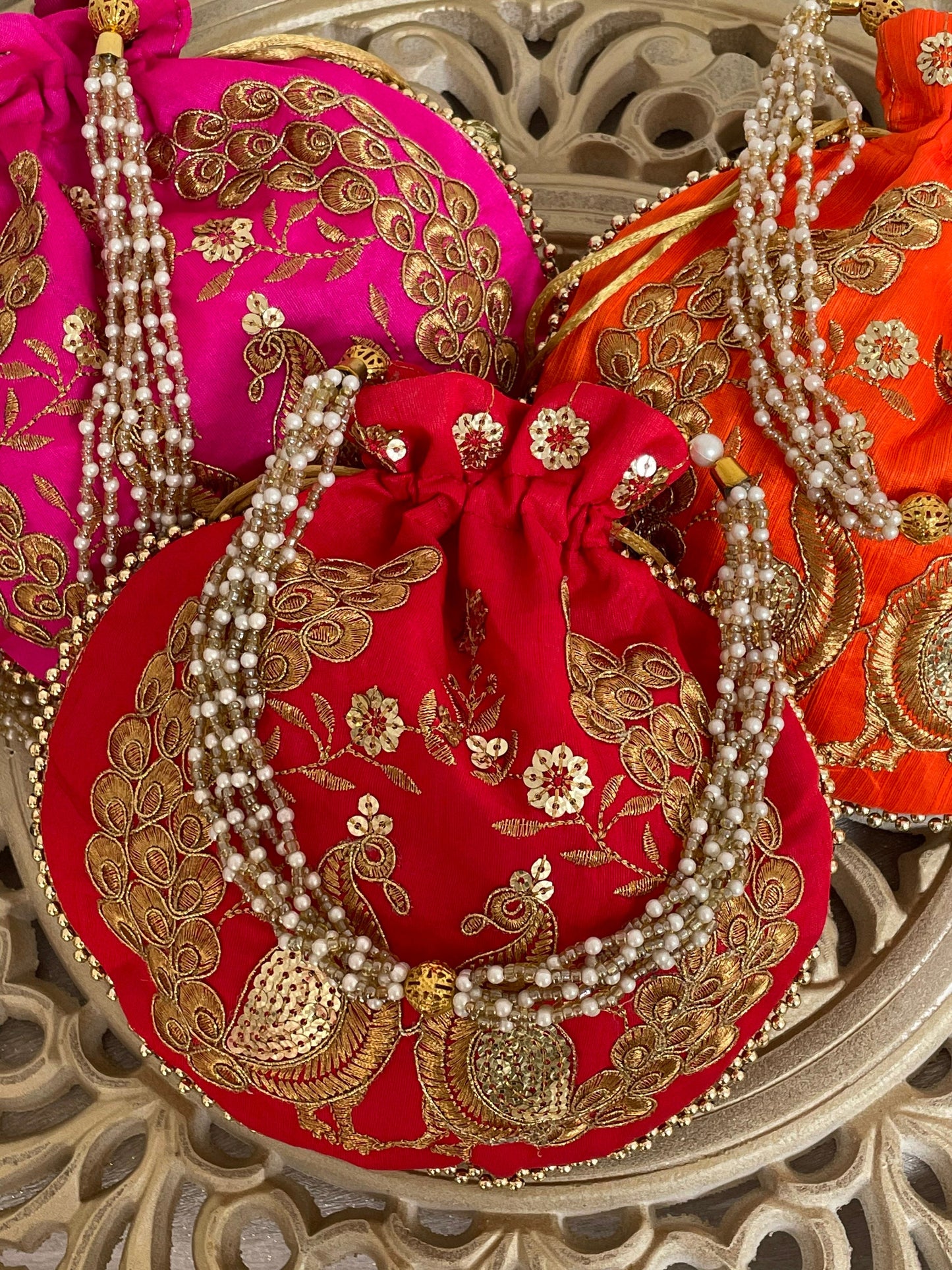 Bulk Buy - Peacock Embroidered Potli Drawstring Bags Wedding Favors Hens Night Drawstring Pearls Carry Handle| Slight Second|