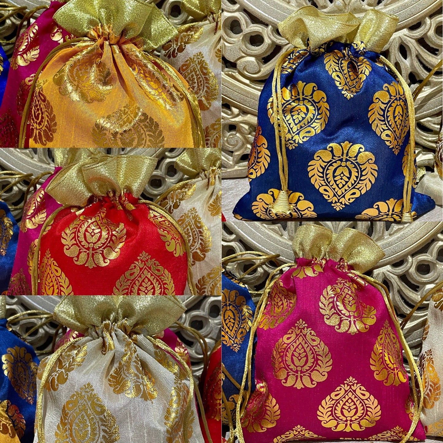 Lohri Damask Drawstring Design Favor Bags for Wedding Favours Bhaji Nishaani Mehendi Dholki Nikah Bidh Kanjak Navratri Gift