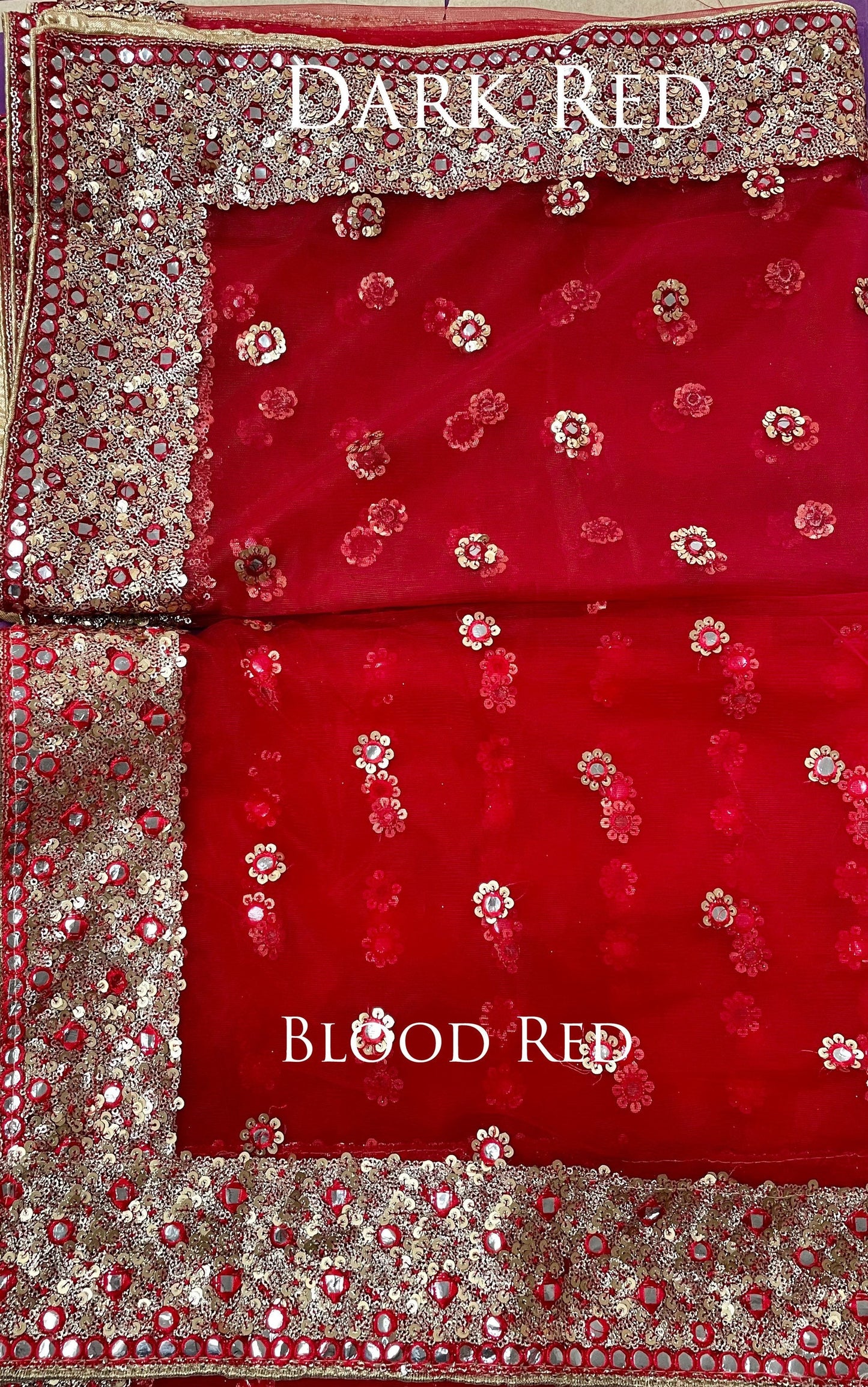 Red & Maroon Net Duppattas Broad Sequin cluster faux mirror work border Scarf Chunni Chunri Odhni Weddings Karwachauth Diwali Dressing