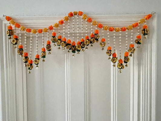 Diwali Weddings Decorations Toran Thoran Thiran Banderwal Door Hanging Marigold Sage Satin Silk Flowers Pearl Bells New Home Housewarming