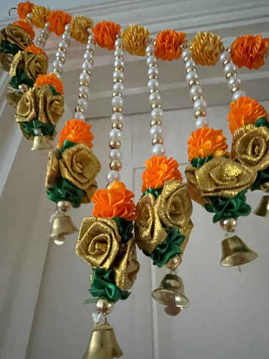 Diwali Weddings Decorations Toran Thoran Thiran Banderwal Door Hanging Marigold Sage Satin Silk Flowers Pearl Bells New Home Housewarming