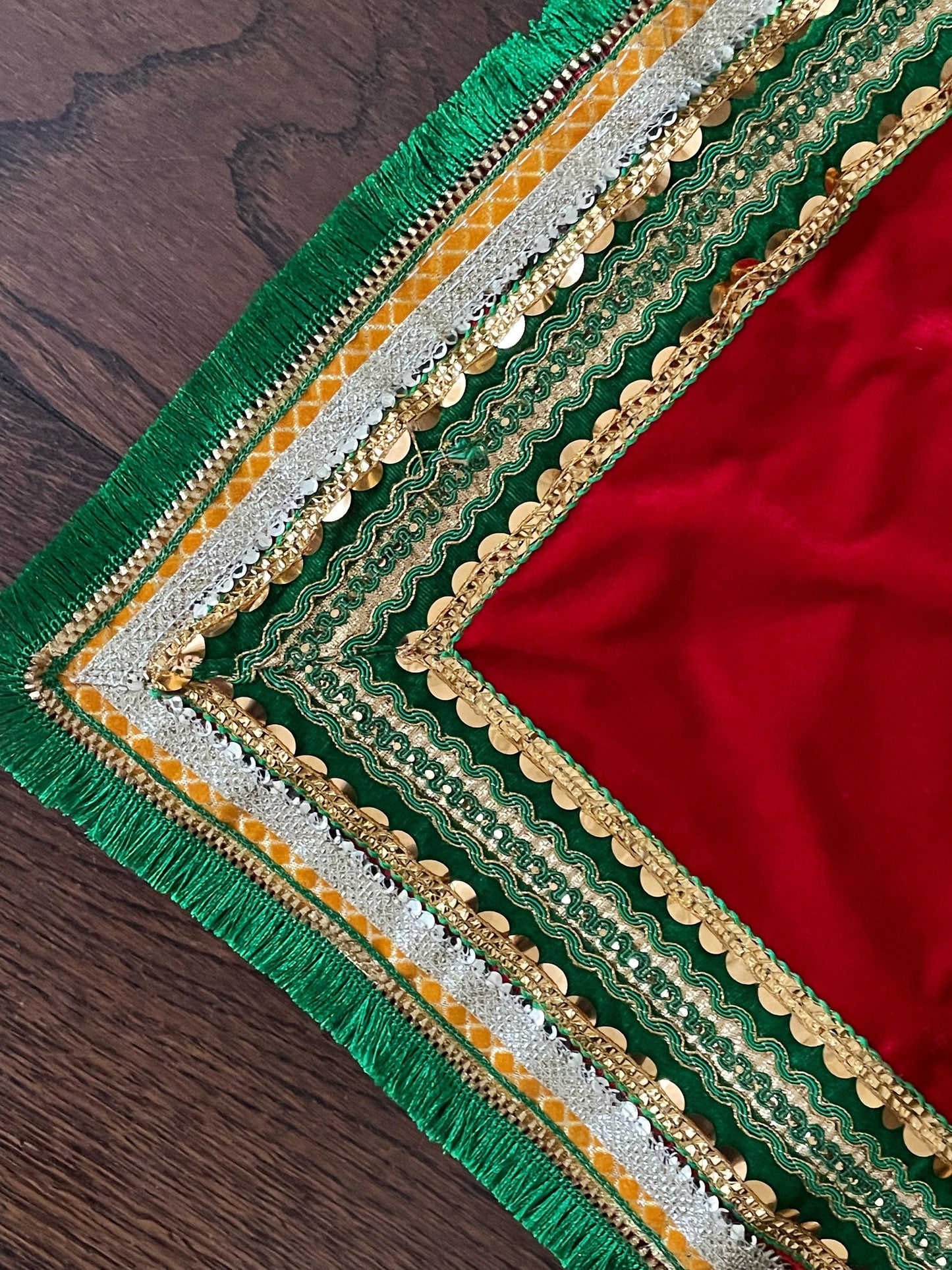 Velvet Pooja Mat Aasan Asan Decorative Cloth for Pooja Room Diwali Navratri Durga Puja Large Square Religious Red-Green and Yellow-Red