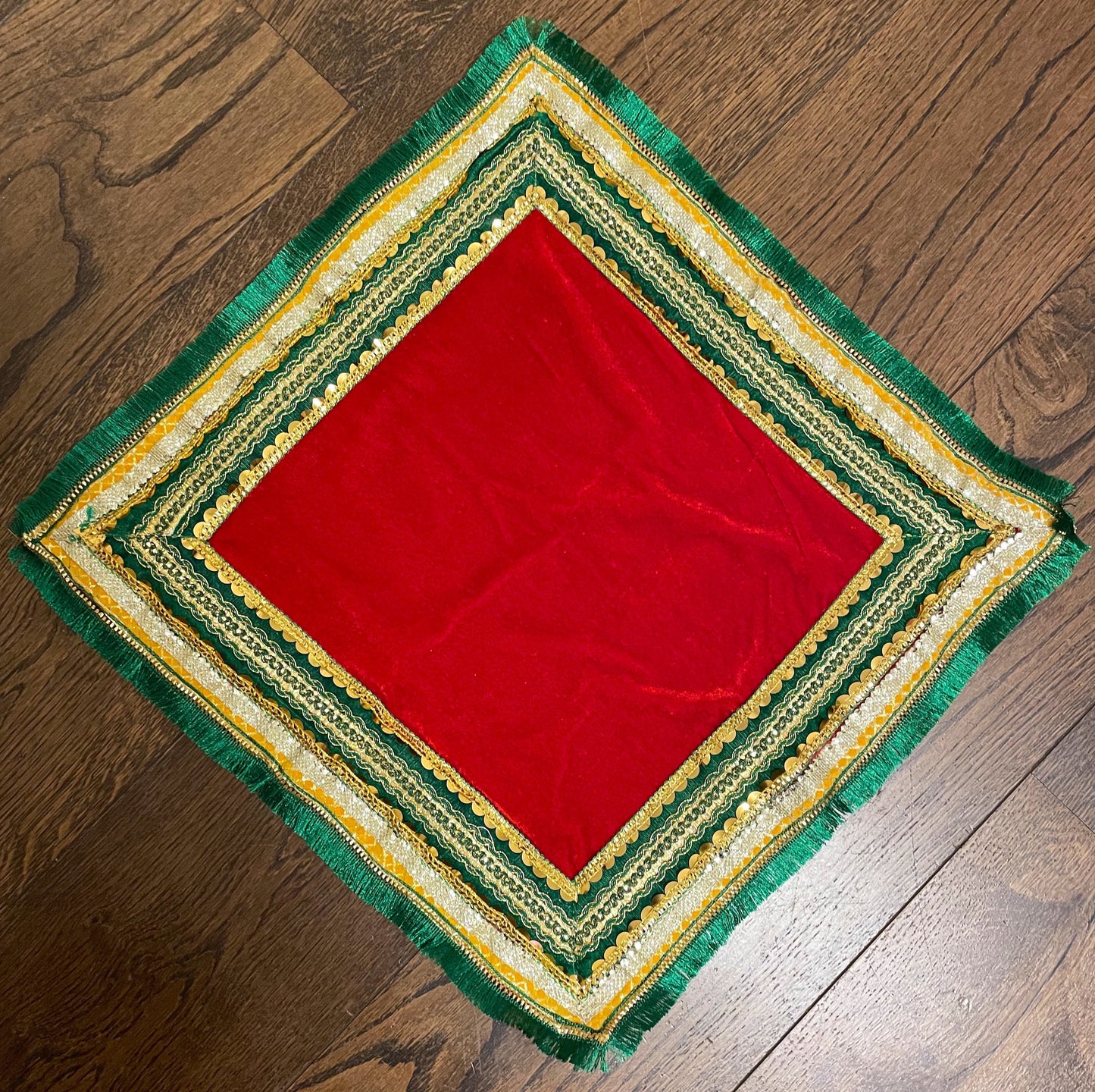 Velvet Pooja Mat Aasan Asan Decorative Cloth for Pooja Room Diwali Navratri Durga Puja Large Square Religious Red-Green and Yellow-Red