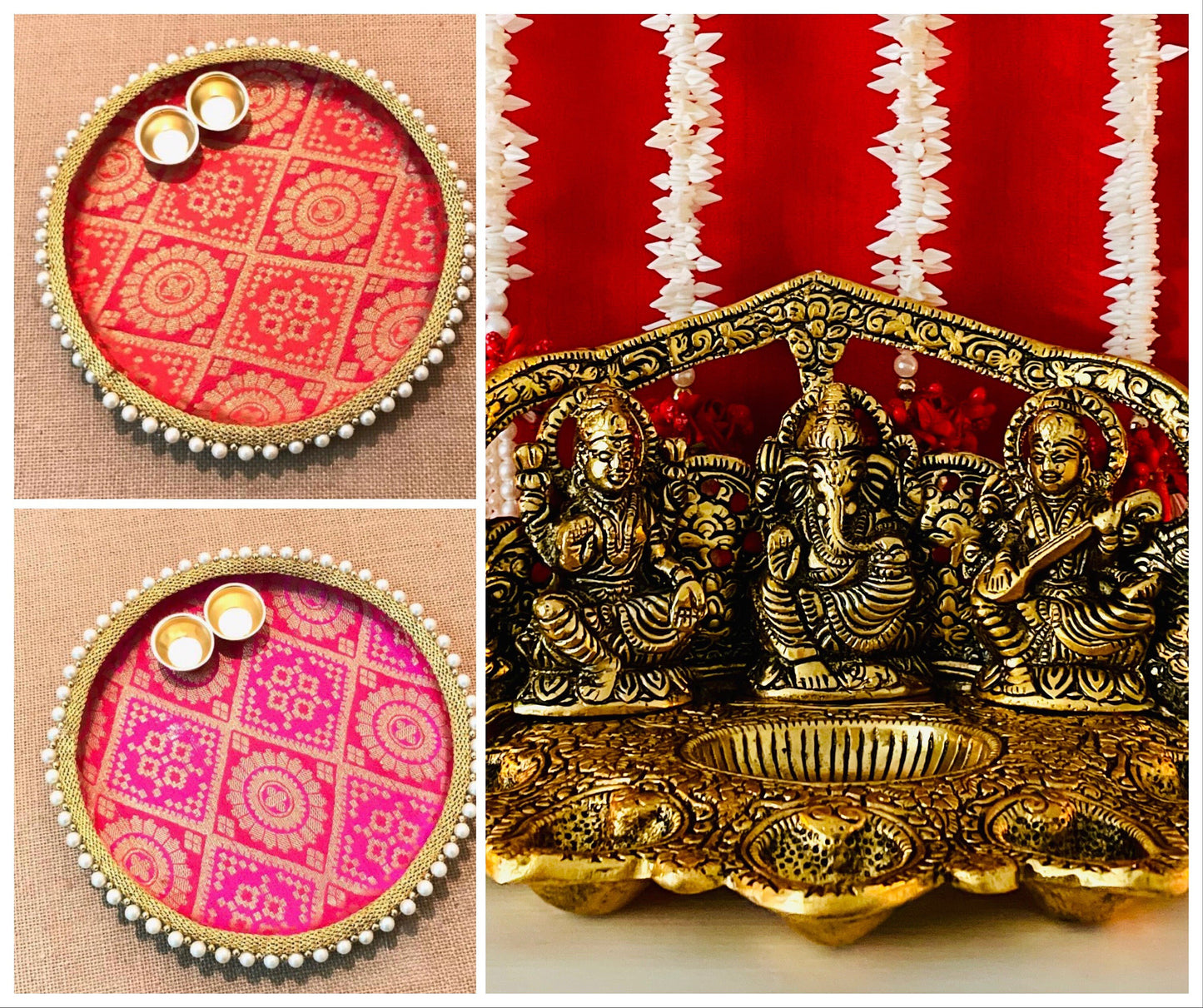 Lakshmi Ganesh Saraswati Figurines Sitting on a pedestal Metal Figurines with Ornate Oxidised Gold look Diwali Gifting Housewarming