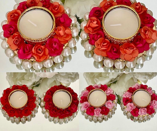 4 x Flower Diwali Christmas Tealight Holders Pearls Paper flowers Diyas Diva Gifting Home Decor House-Warming Decorating Mehendi