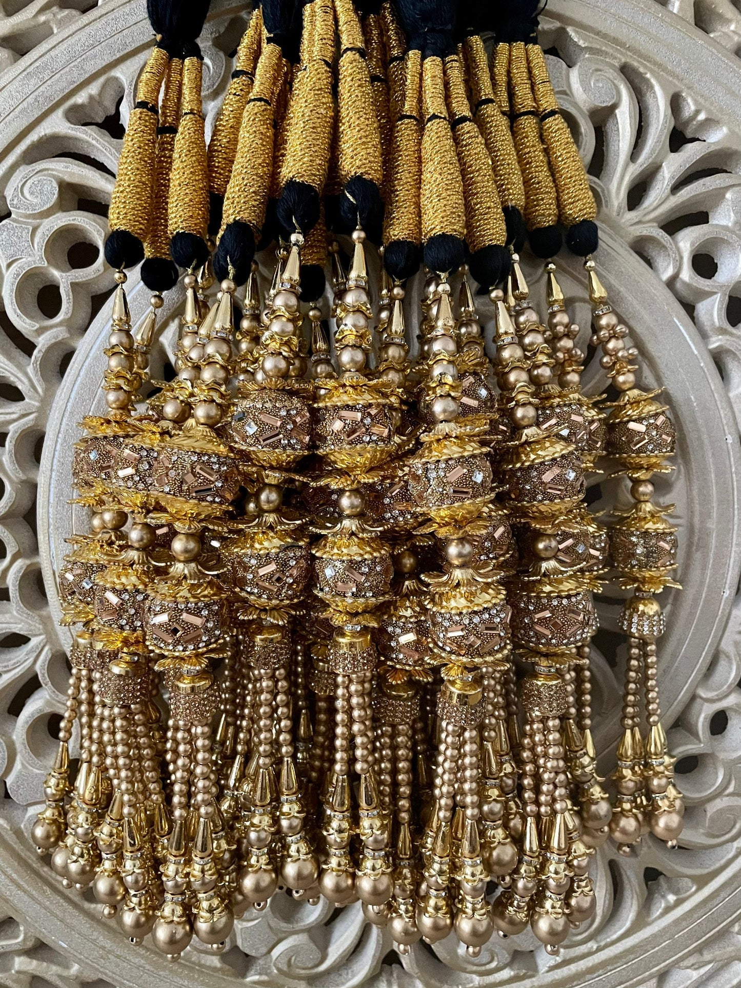 Gold Paranda with Bronze Hanging Latkans Parandi Parandey Punjabi Themed Weddings Phulkari Patiala Sangeet Mehendi Maiyoon Jago