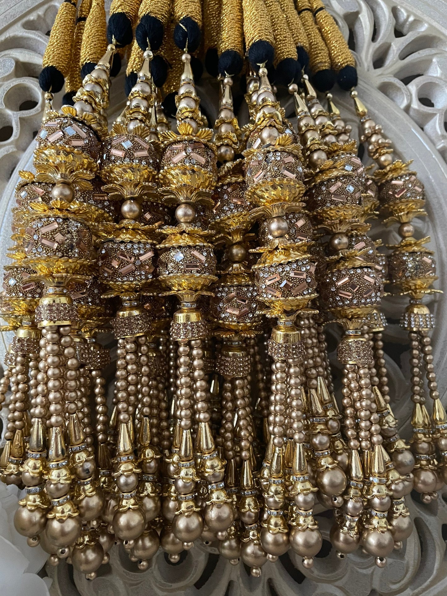 Gold Paranda with Bronze Hanging Latkans Parandi Parandey Punjabi Themed Weddings Phulkari Patiala Sangeet Mehendi Maiyoon Jago