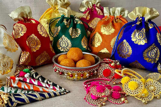 Damask Drawstring Design Favor Bags for Wedding Favours Bhaji Nishaani Mehendi Dholki Nikah Bidh Kanjak Navratri Gift