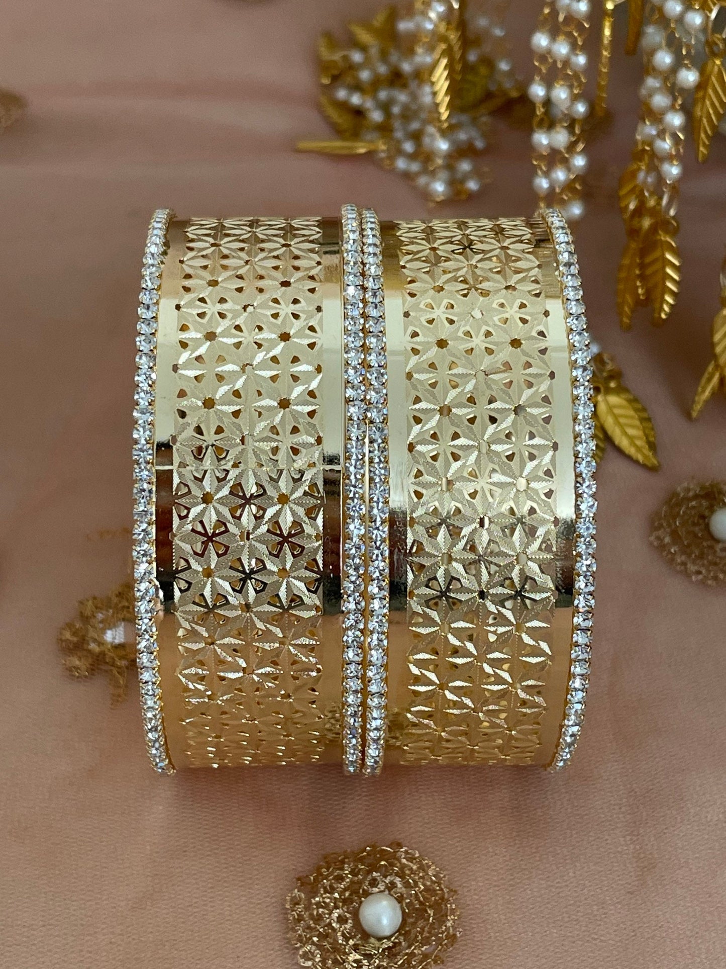 Pair of Gold Diamanté Cutwork Design Statement Kangan Karas Kada Indian Bangles Bangles