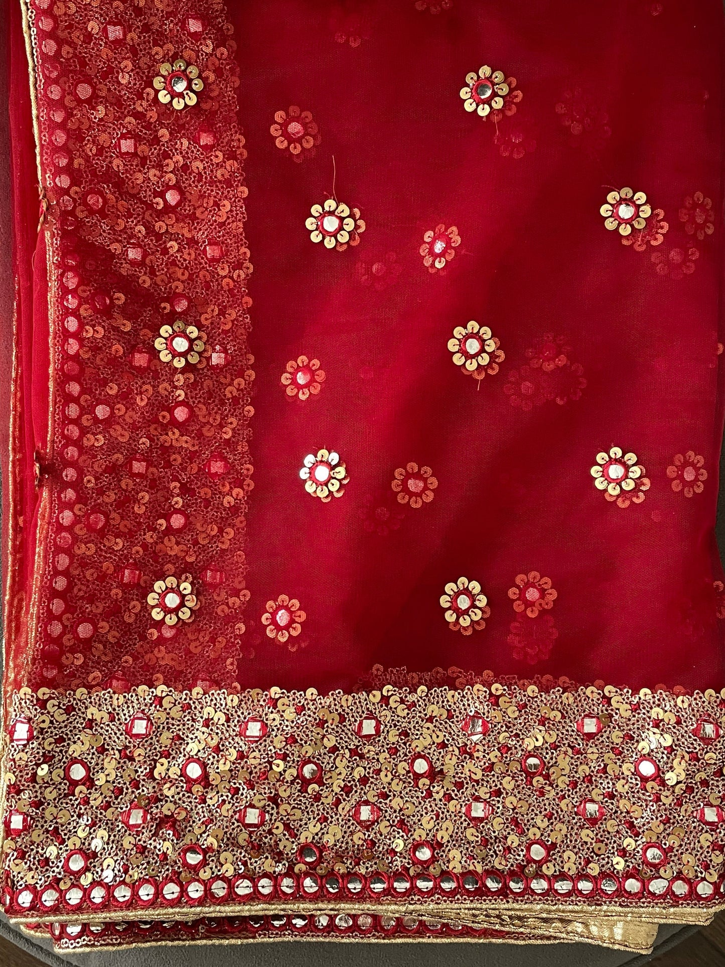 Red & Maroon Net Duppattas Broad Sequin cluster faux mirror work border Scarf Chunni Chunri Odhni Weddings Karwachauth Diwali Dressing