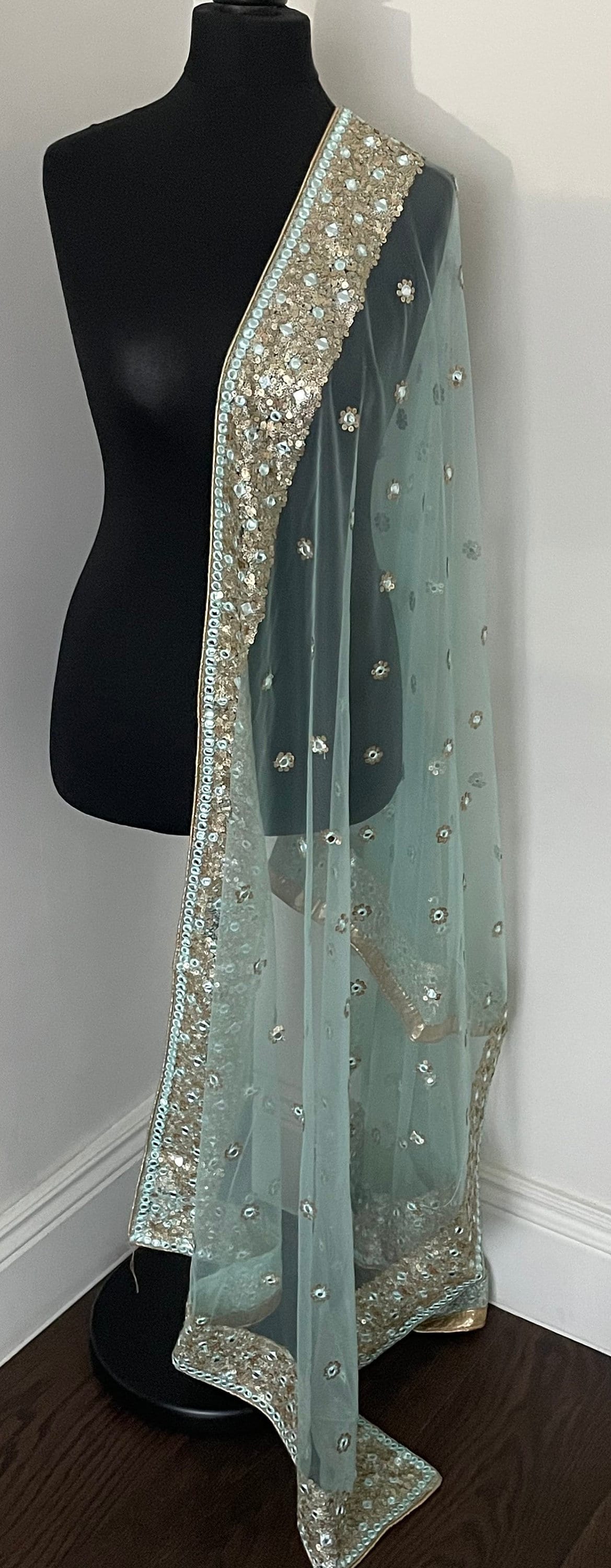 Pastel Blue Net Duppattas Broad Sequin cluster faux mirror work border Scarf Chunni Chunri Odhni Weddings Diwali Dressing