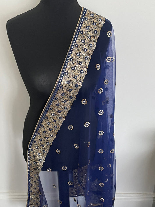 Blue Net Duppattas *with defects* Broad Sequin cluster faux mirror work border Scarf Chunni Chunri Odhni Weddings Diwali Dressing