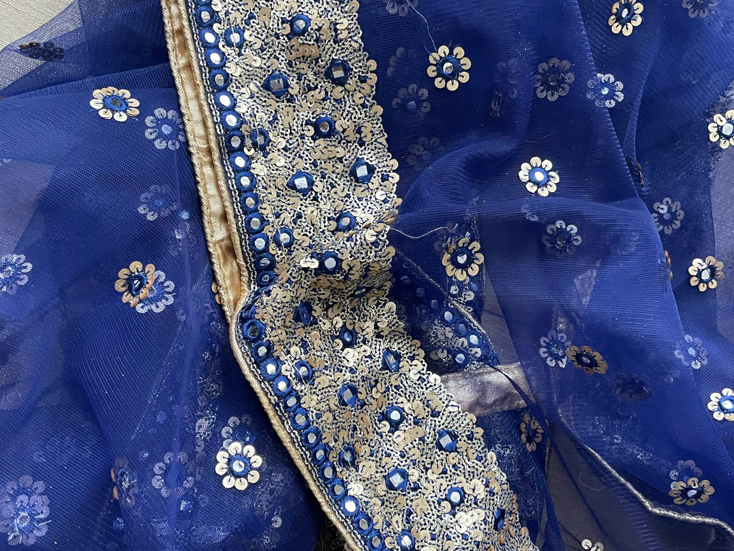 Blue Net Duppattas Broad Sequin cluster faux mirror work border Scarf Chunni Chunri Odhni Weddings Diwali Dressing
