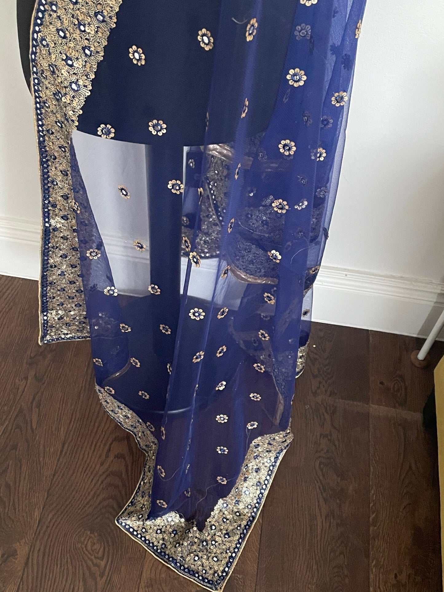 Blue Net Duppattas Broad Sequin cluster faux mirror work border Scarf Chunni Chunri Odhni Weddings Diwali Dressing