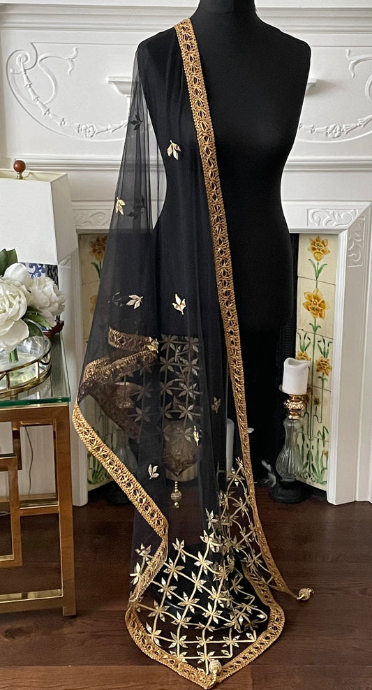 Black Net Mirror Work Stole width Duppattas mirror work tassel Scarf Chunni Chunri Odhni addition to Lehenga Salwar Kameez Design