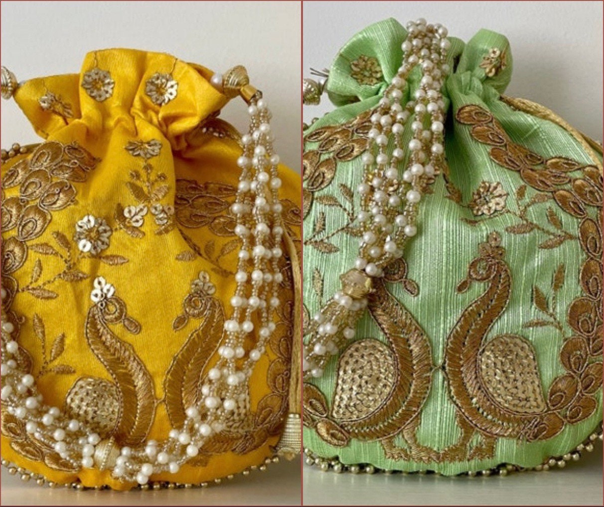Bulk Buy - Peacock Embroidered Potli Drawstring Bags Wedding Favors Hens Night Drawstring Pearls Carry Handle| Slight Second|