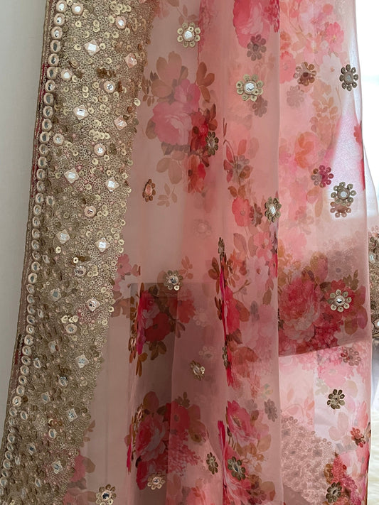 Peach Organza embroidered Floral Print Duppatta Scarf four Sided border faux mirror