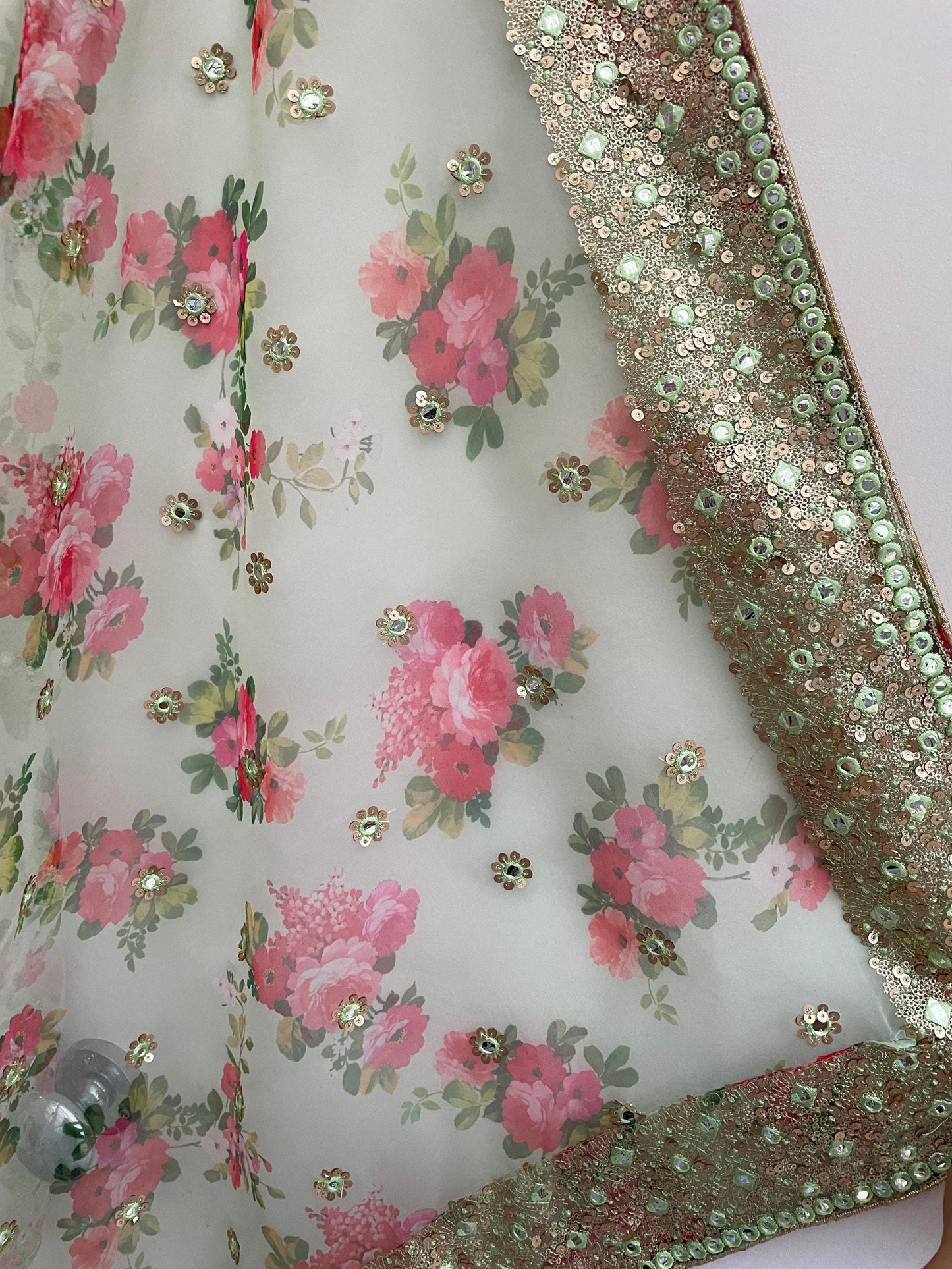 Pista Organza embroidered Floral Print Duppatta Scarf four Sided border faux mirror