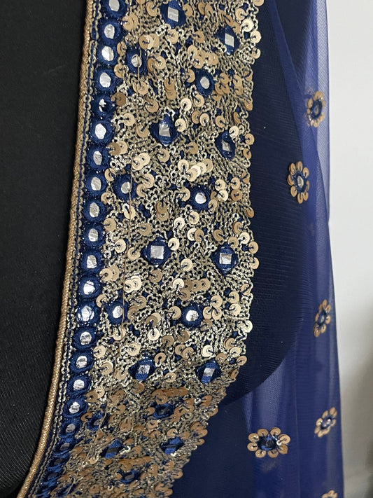 Blue Net Duppattas *with defects* Broad Sequin cluster faux mirror work border Scarf Chunni Chunri Odhni Weddings Diwali Dressing