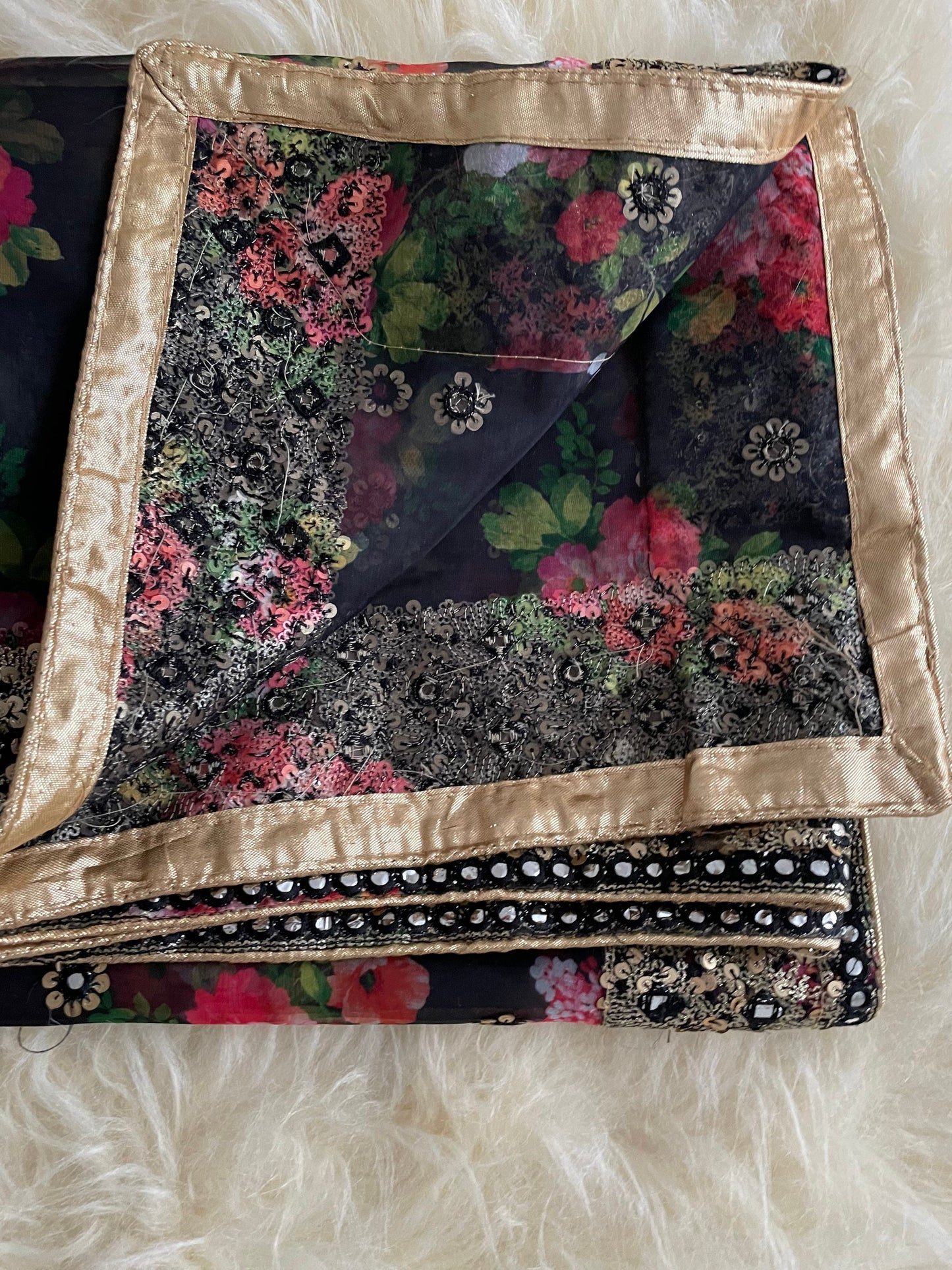 Black Organza embroidered Floral Print Duppatta Scarf four Sided border faux mirror