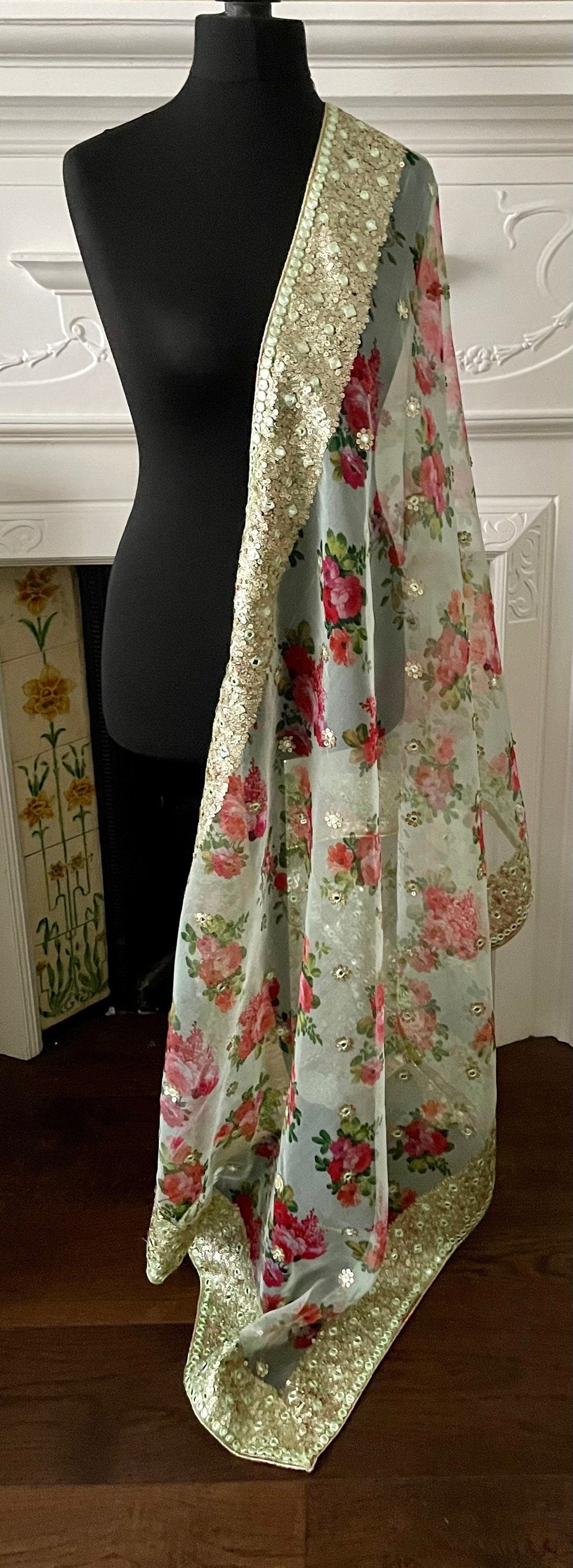 Pista Organza embroidered Floral Print Duppatta Scarf four Sided border faux mirror