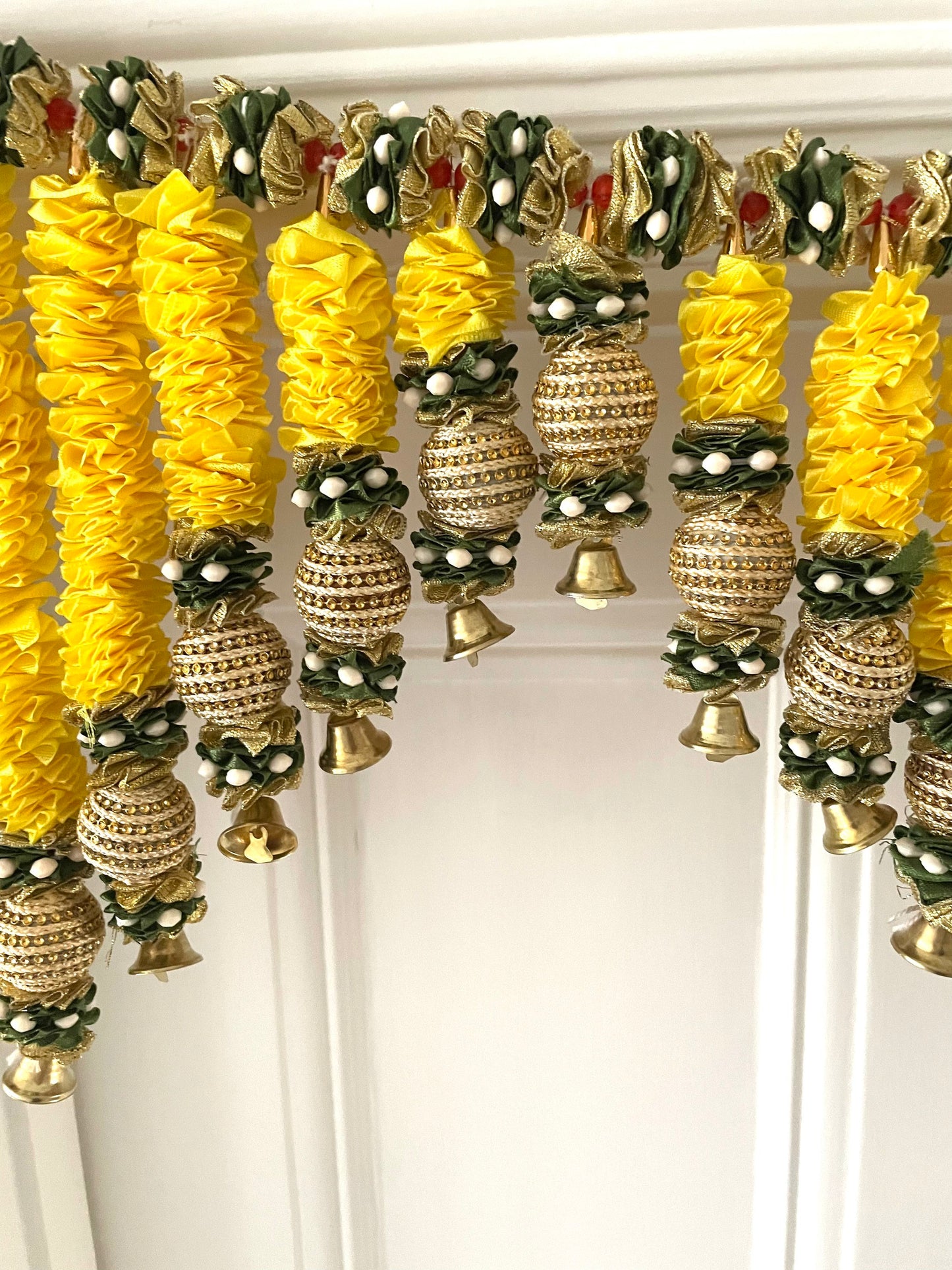Yellow Diwali Genda Look Toran Thiran Door Hanging Satin Silk Flowers Ghungroo Bells Banderwal for the Front Door Diwalidecor