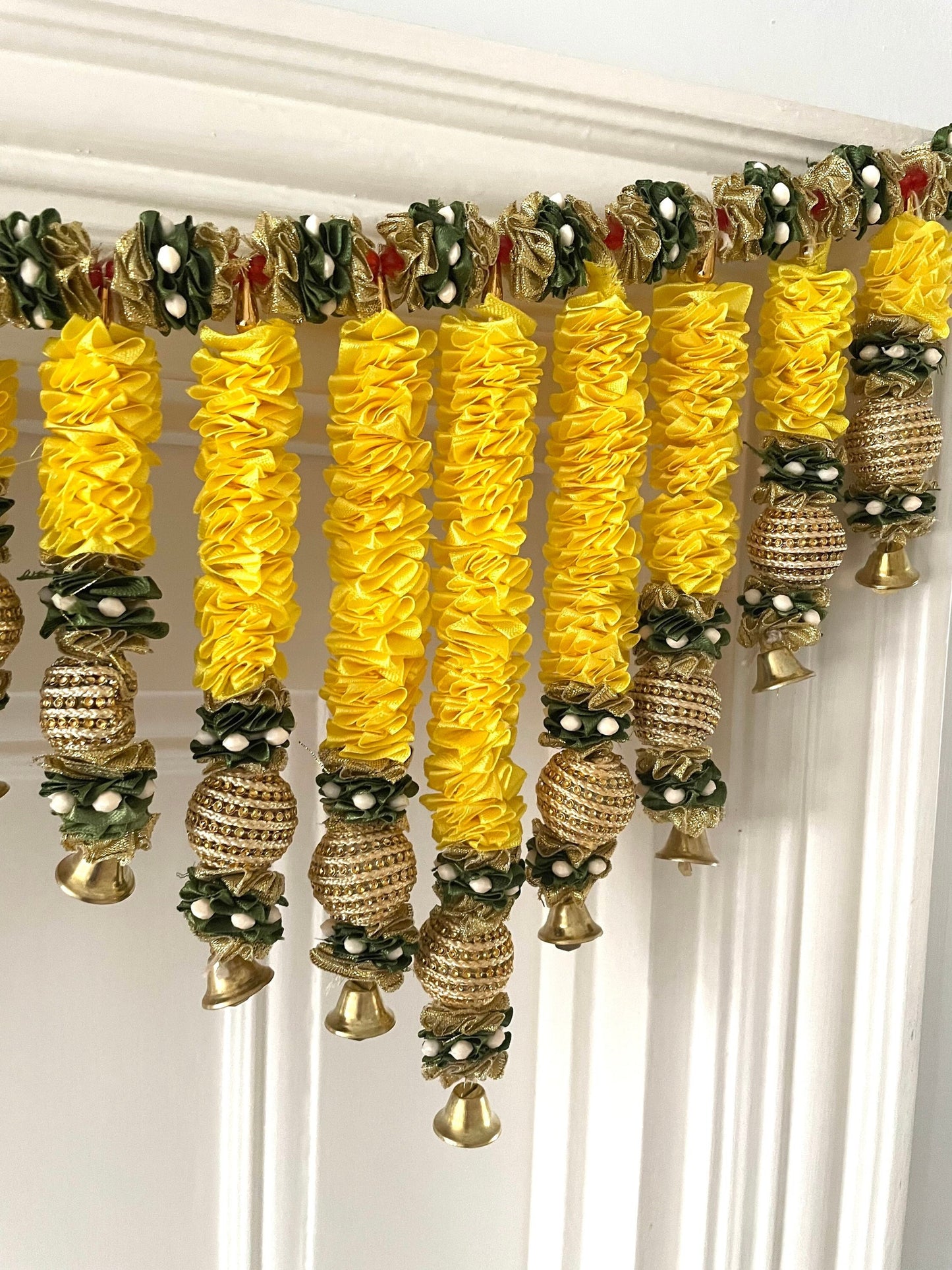 Yellow Diwali Genda Look Toran Thiran Door Hanging Satin Silk Flowers Ghungroo Bells Banderwal for the Front Door Diwalidecor